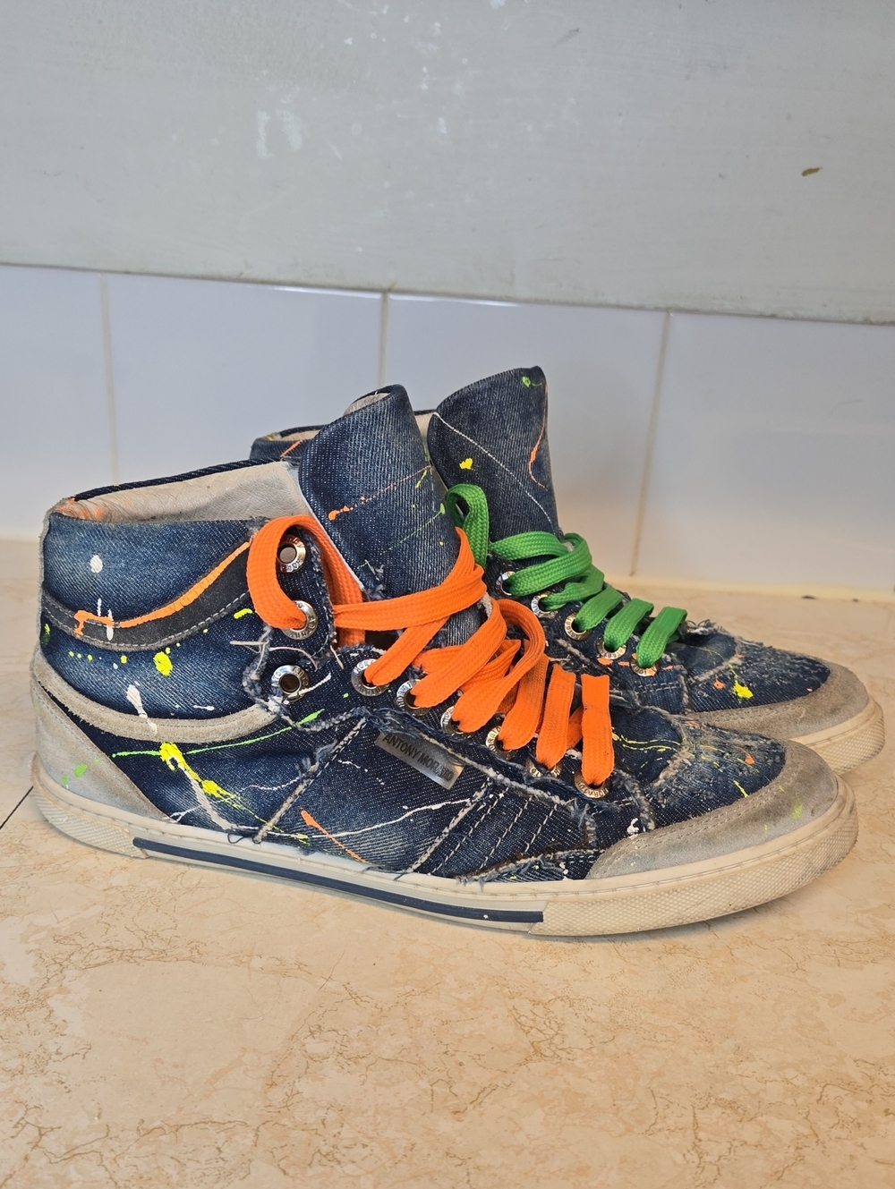 Anthony Morato High-Top Distressed Blue Denim Paint Splatter Sneakers